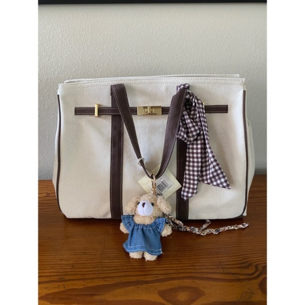 Sol and Mer Cream Canvas Tote Bag Chocolate Brown Trim Gingham Scarf NWT